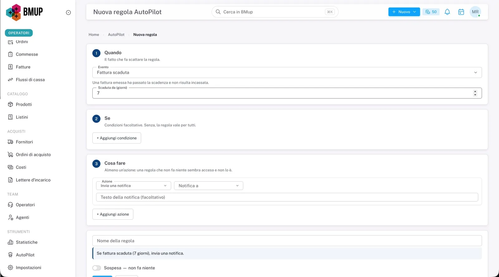 Costruttore delle regole AutoPilot di BMup: evento, condizioni e azioni